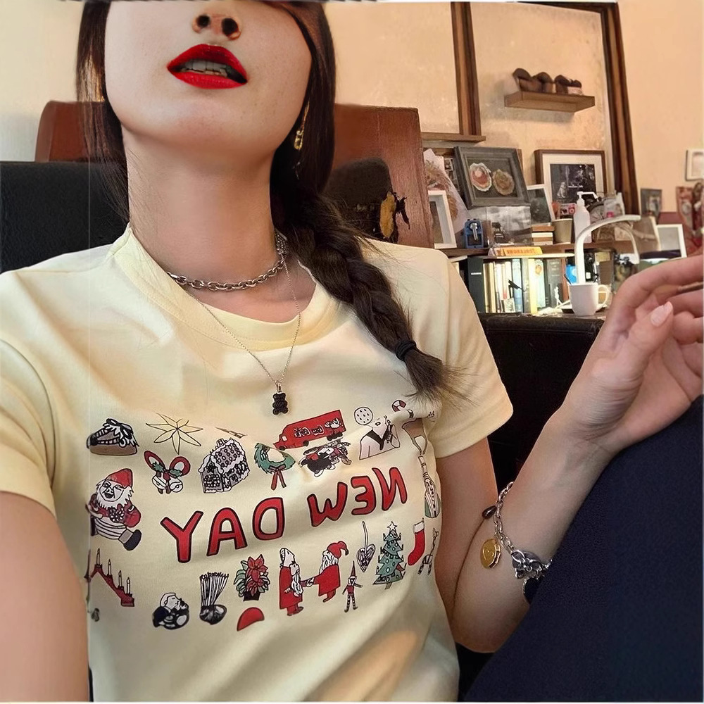 Women Cotton Crewneck Letter Print T-Shirt, Short Sleeve Slim Fit Casual Top for Everyday Wear