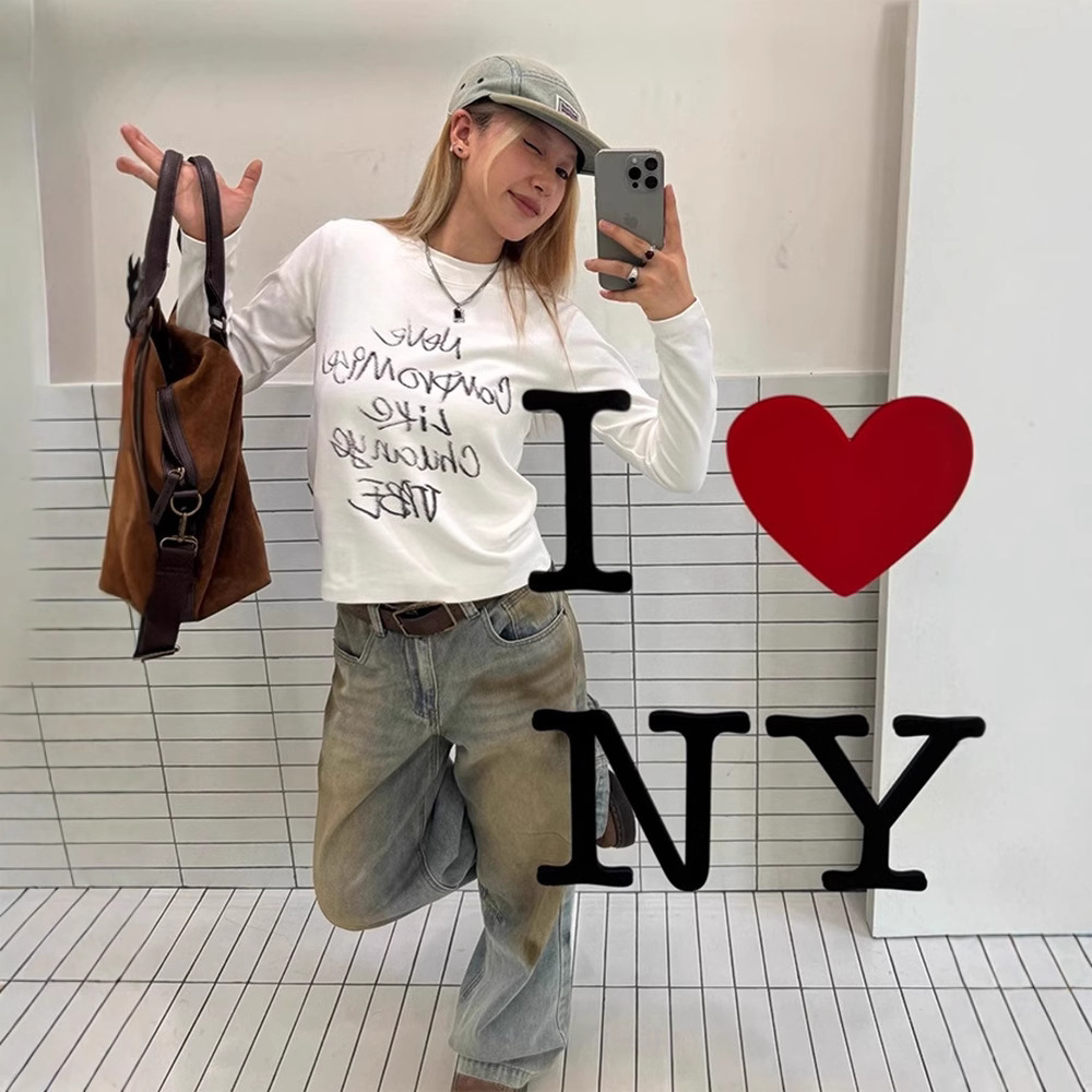 เสื้อยืดผู้หญิงแบบสลิมฟิตแขนยาวลายตัวอักษร ทำจากผ้าฝ้ายผสม คอกลม สำหรับสวมใส่ในชีวิตประจำวัน