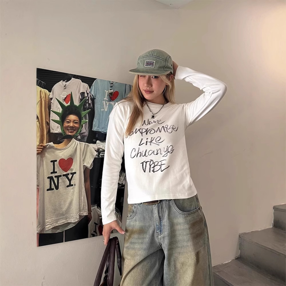 เสื้อยืดผู้หญิงแบบสลิมฟิตแขนยาวลายตัวอักษร ทำจากผ้าฝ้ายผสม คอกลม สำหรับสวมใส่ในชีวิตประจำวัน