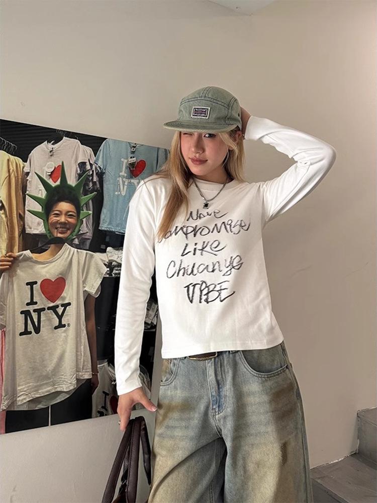 เสื้อยืดผู้หญิงแบบสลิมฟิตแขนยาวลายตัวอักษร ทำจากผ้าฝ้ายผสม คอกลม สำหรับสวมใส่ในชีวิตประจำวัน