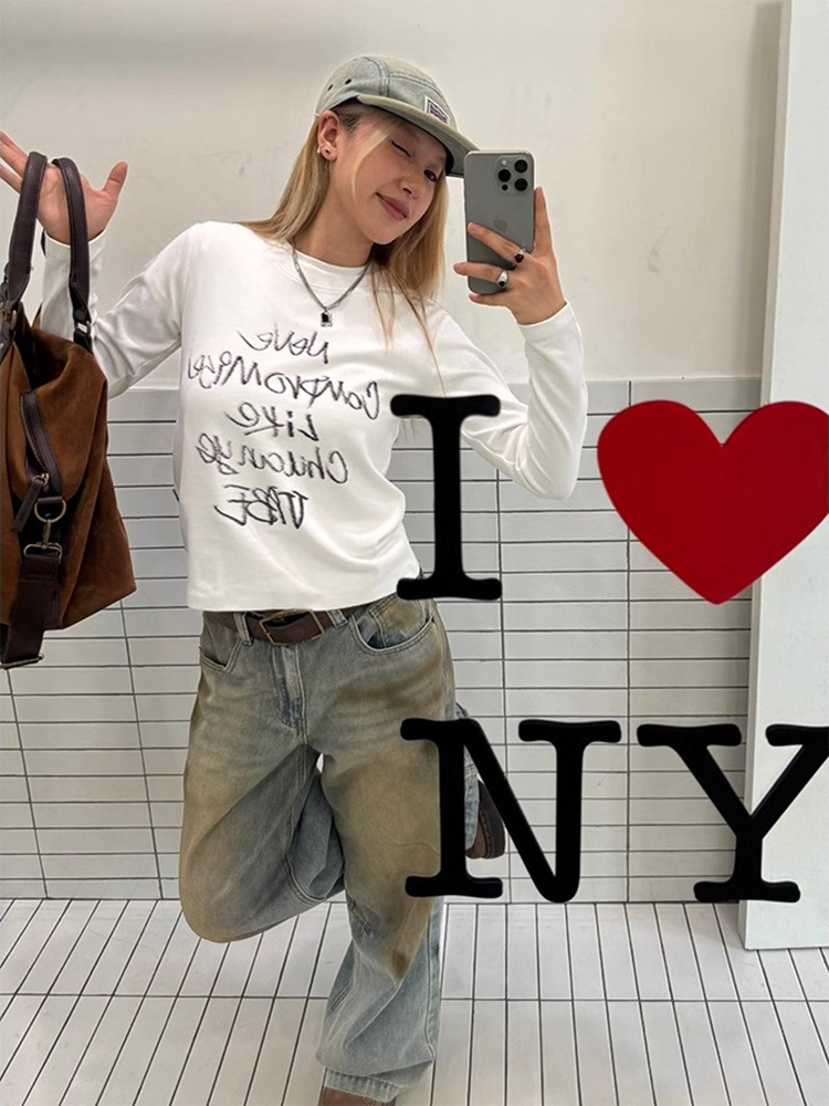 เสื้อยืดผู้หญิงแบบสลิมฟิตแขนยาวลายตัวอักษร ทำจากผ้าฝ้ายผสม คอกลม สำหรับสวมใส่ในชีวิตประจำวัน