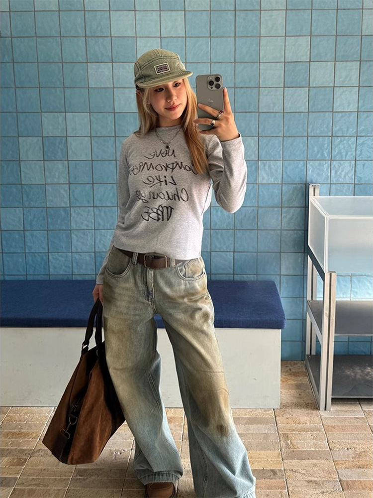 เสื้อยืดผู้หญิงแบบสลิมฟิตแขนยาวลายตัวอักษร ทำจากผ้าฝ้ายผสม คอกลม สำหรับสวมใส่ในชีวิตประจำวัน