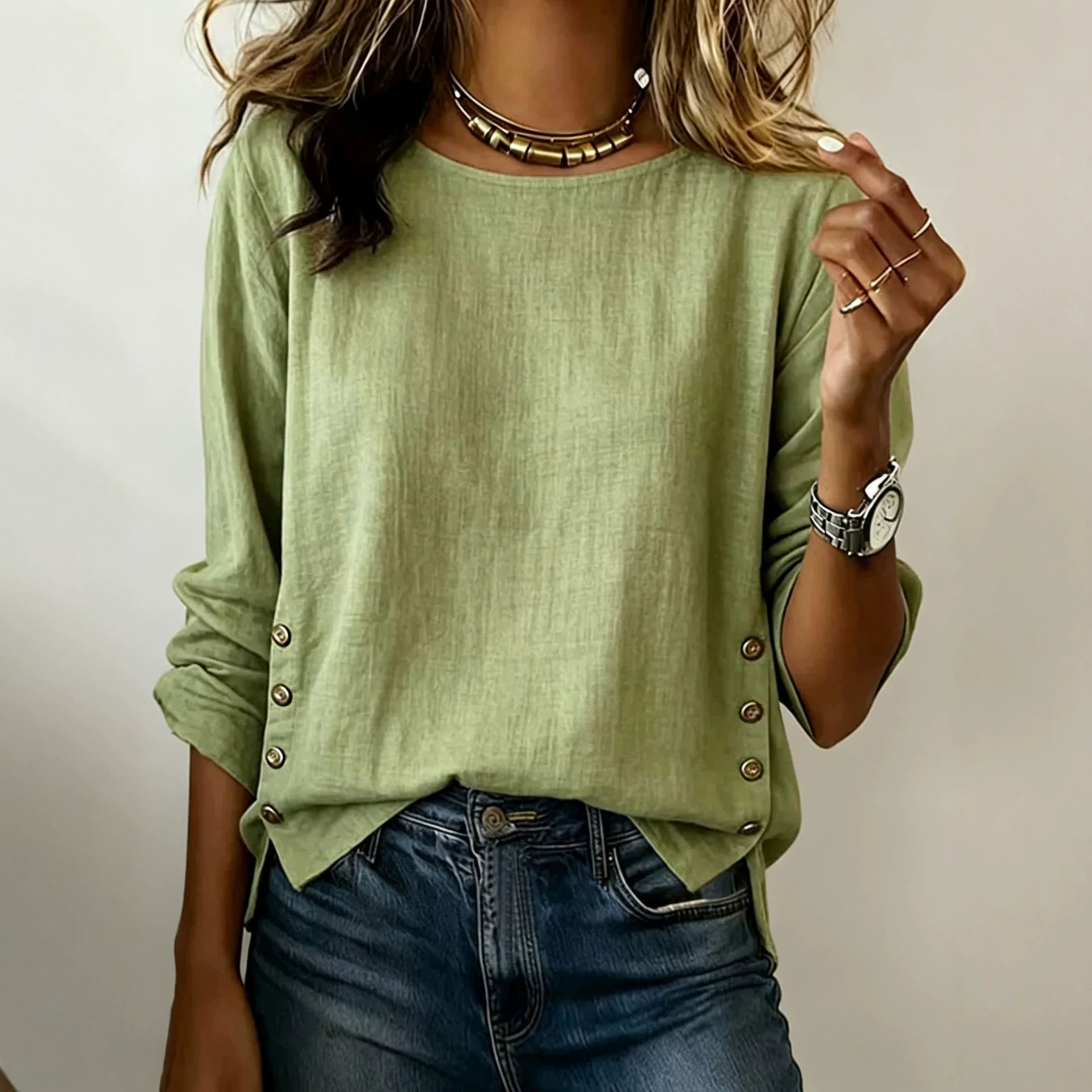 Women Loose Fit Long Sleeve Crew Neck T-Shirt with Side Button Detail, Casual Solid Color Top for Commute
