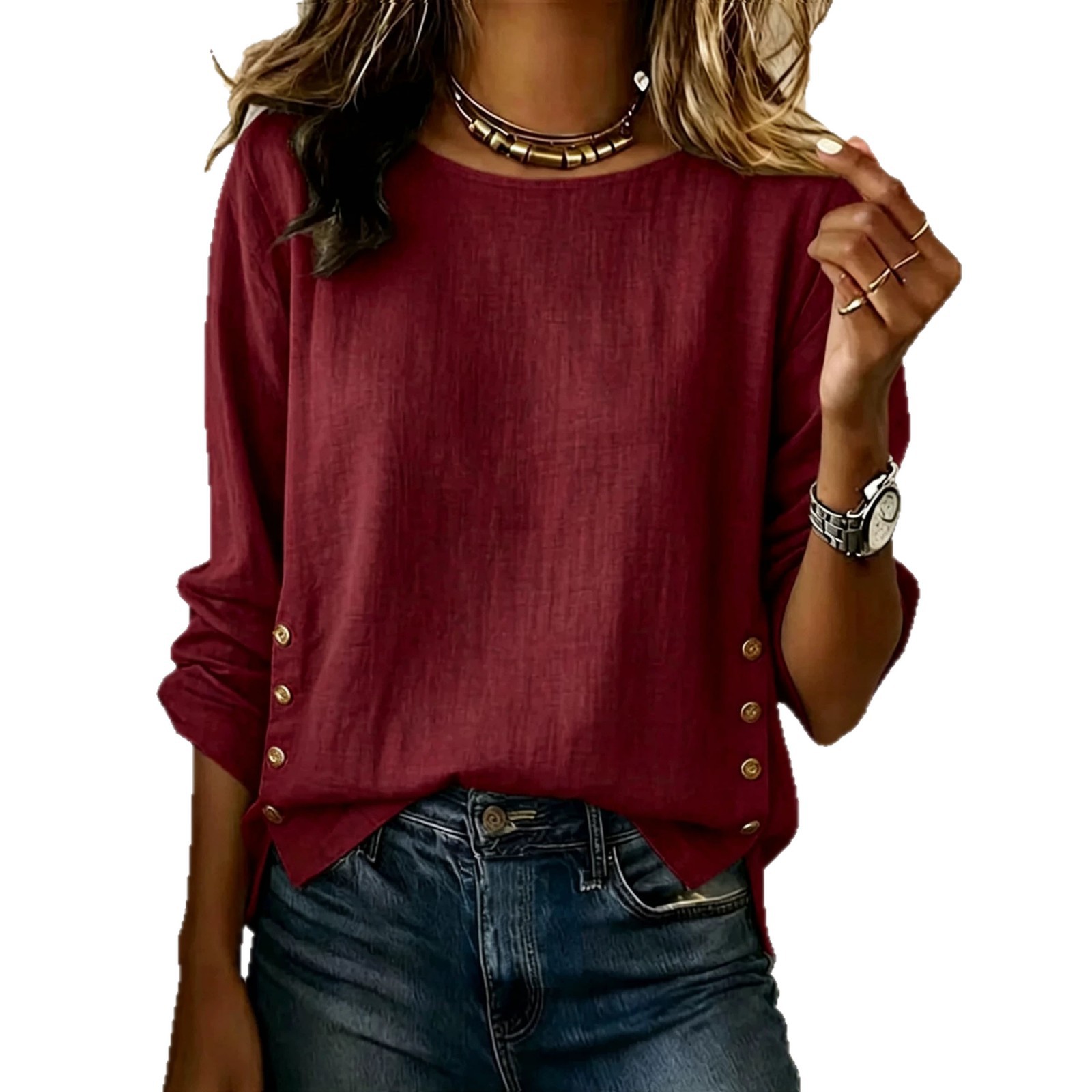 Women Loose Fit Long Sleeve Crew Neck T-Shirt with Side Button Detail, Casual Solid Color Top for Commute