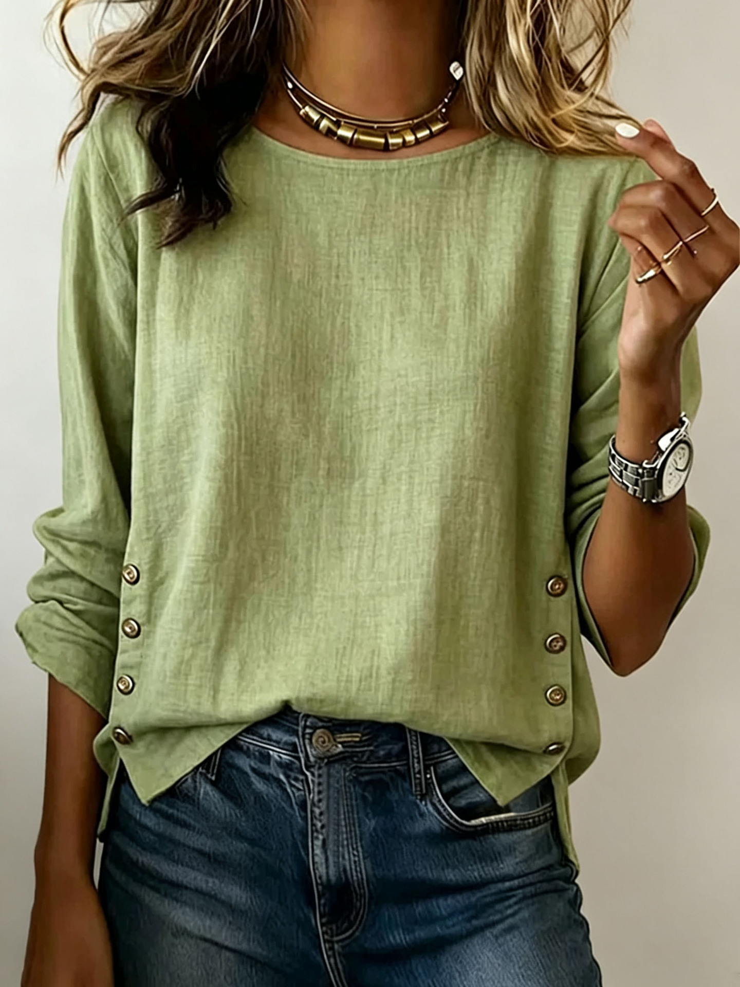 Women Loose Fit Long Sleeve Crew Neck T-Shirt with Side Button Detail, Casual Solid Color Top for Commute