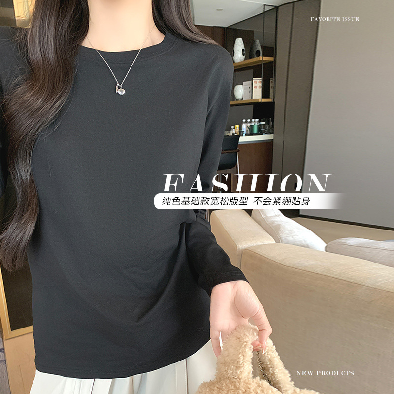 Women Cotton Long Sleeve Crew Neck T-Shirt, Loose Fit Solid Color Basic Top for Early Fall Layering