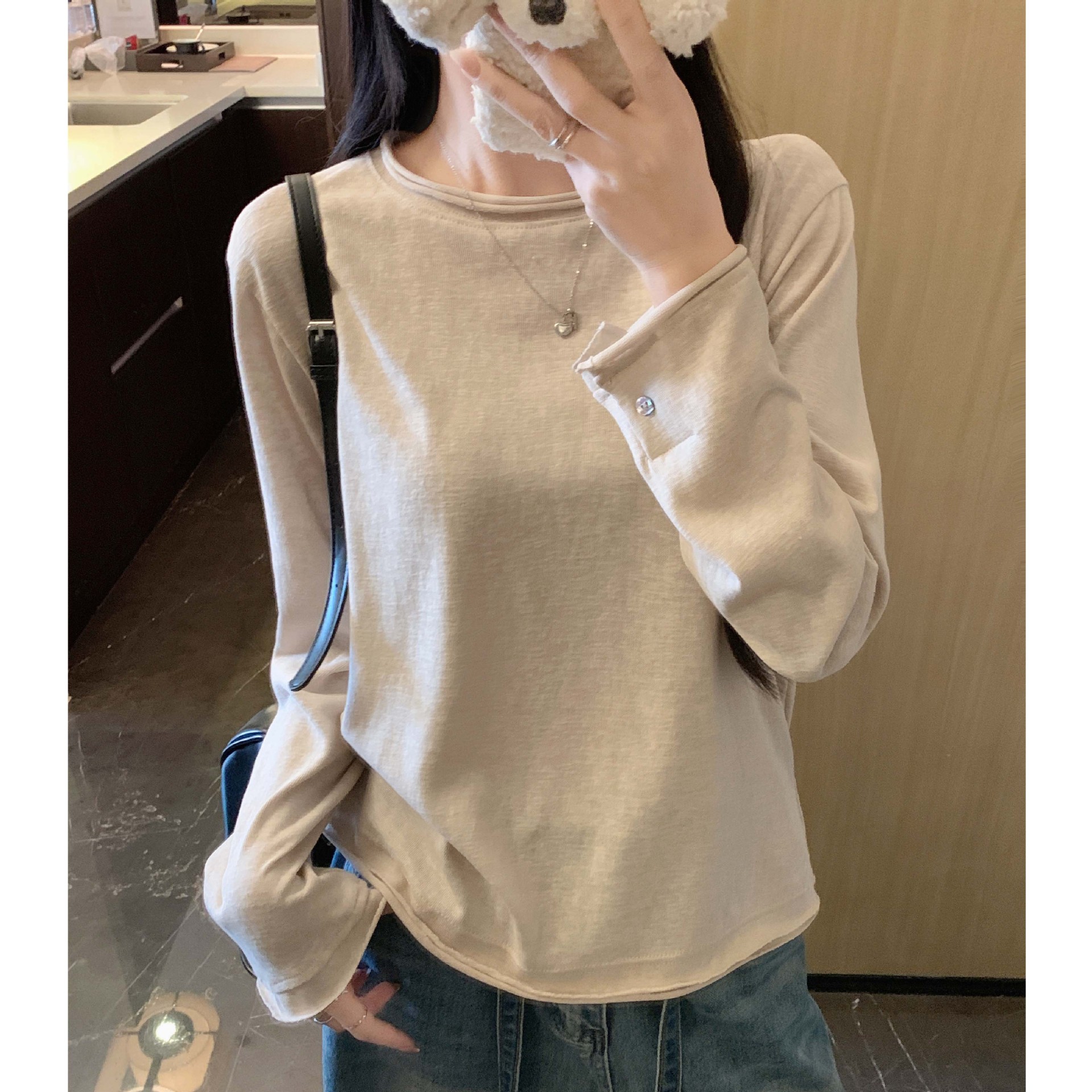 Women's Cotton Blend Long Sleeve Crew Neck T-Shirt, Loose Fit Button Cuff Top for Fall Winter
