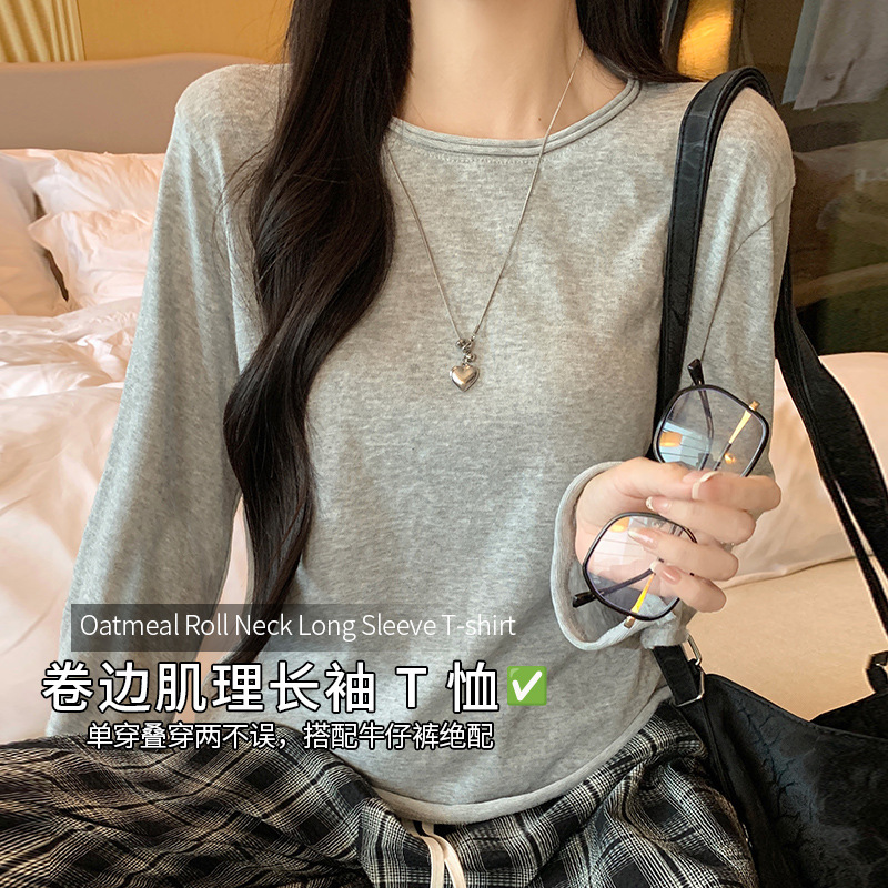Women's Cotton Blend Long Sleeve Crew Neck T-Shirt, Loose Fit Button Cuff Top for Fall Winter