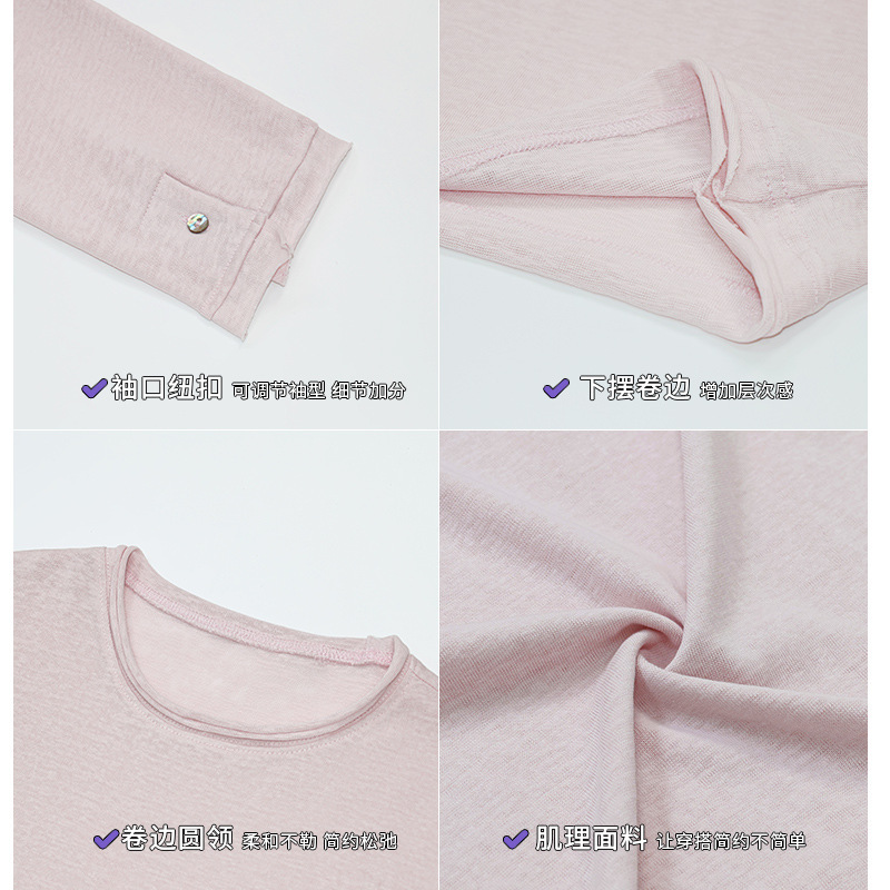 Women's Cotton Blend Long Sleeve Crew Neck T-Shirt, Loose Fit Button Cuff Top for Fall Winter