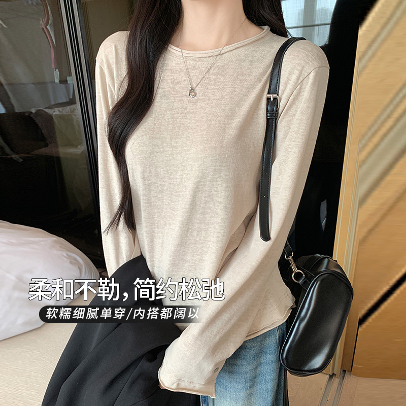 Women's Cotton Blend Long Sleeve Crew Neck T-Shirt, Loose Fit Button Cuff Top for Fall Winter