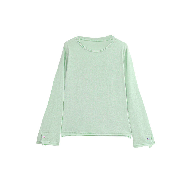 Women's Cotton Blend Long Sleeve Crew Neck T-Shirt, Loose Fit Button Cuff Top for Fall Winter