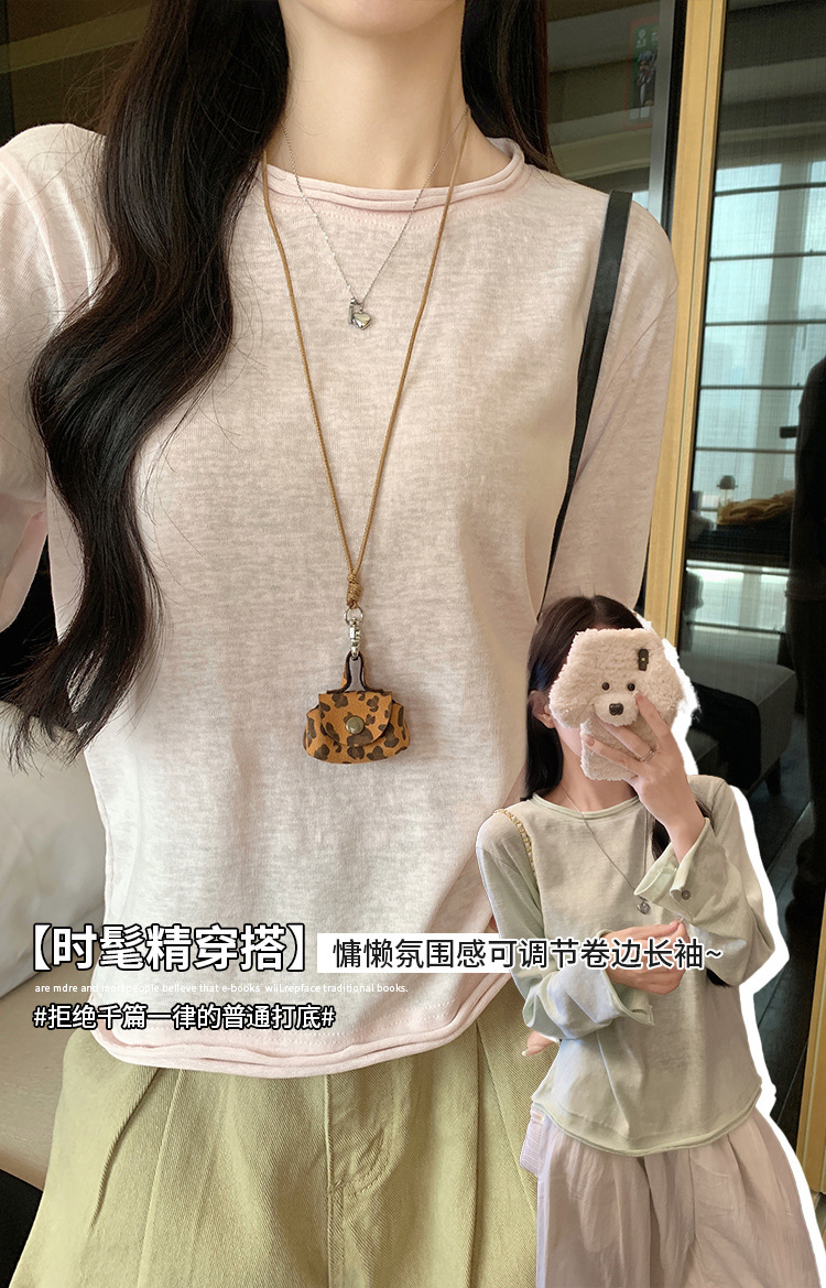 Women's Cotton Blend Long Sleeve Crew Neck T-Shirt, Loose Fit Button Cuff Top for Fall Winter