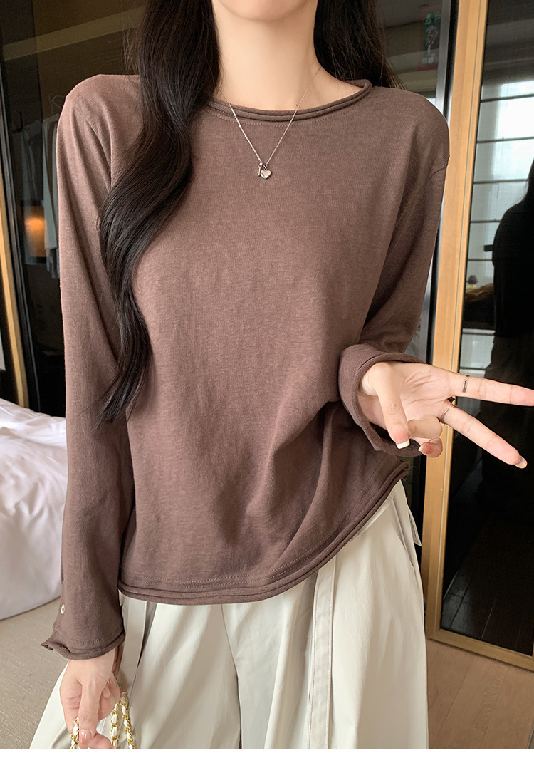 Women's Cotton Blend Long Sleeve Crew Neck T-Shirt, Loose Fit Button Cuff Top for Fall Winter