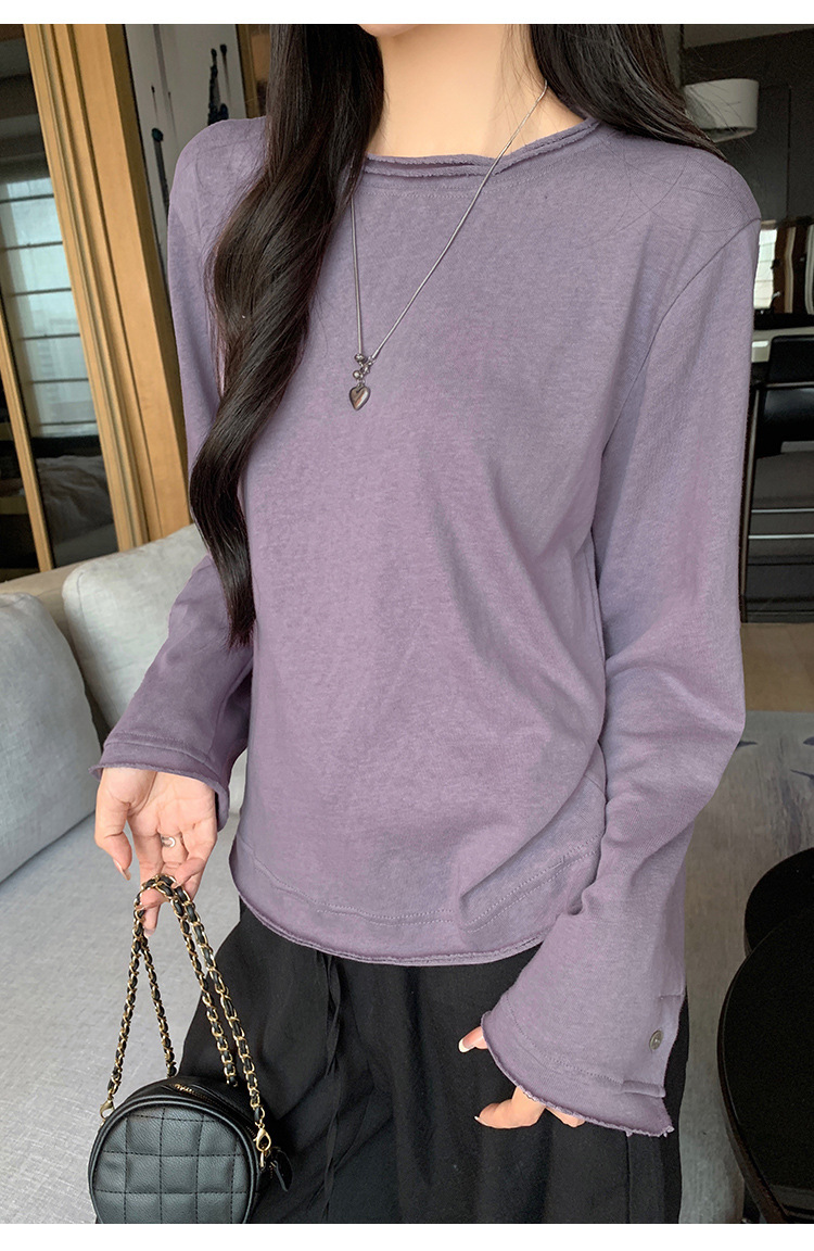 Women's Cotton Blend Long Sleeve Crew Neck T-Shirt, Loose Fit Button Cuff Top for Fall Winter