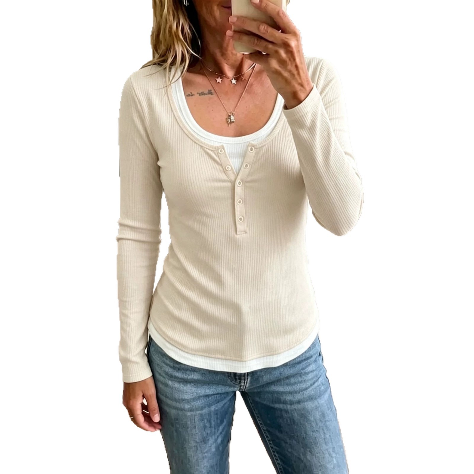 Baju T-shirt wanita berwarna blok, rekaan dua helai dengan lengan panjang, diperbuat daripada campuran kapas, gaya slim fit dengan kolar bulat, sesuai untuk musim gugur.