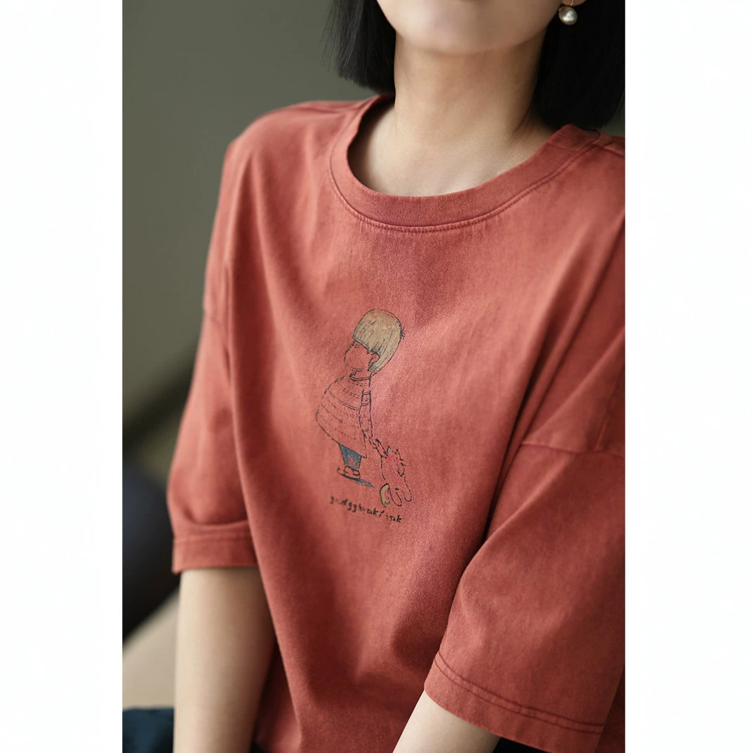 Women Cotton Graphic Print T-Shirt, Loose Fit Crew Neck Short Sleeve Casual Summer Top