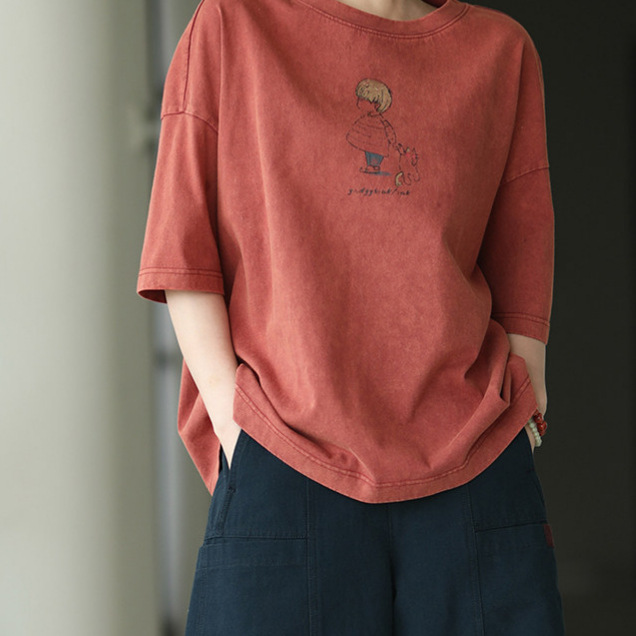 Women's Cotton Graphic Print T-Shirt, Loose Fit Crew Neck Short Sleeve Casual Summer Top