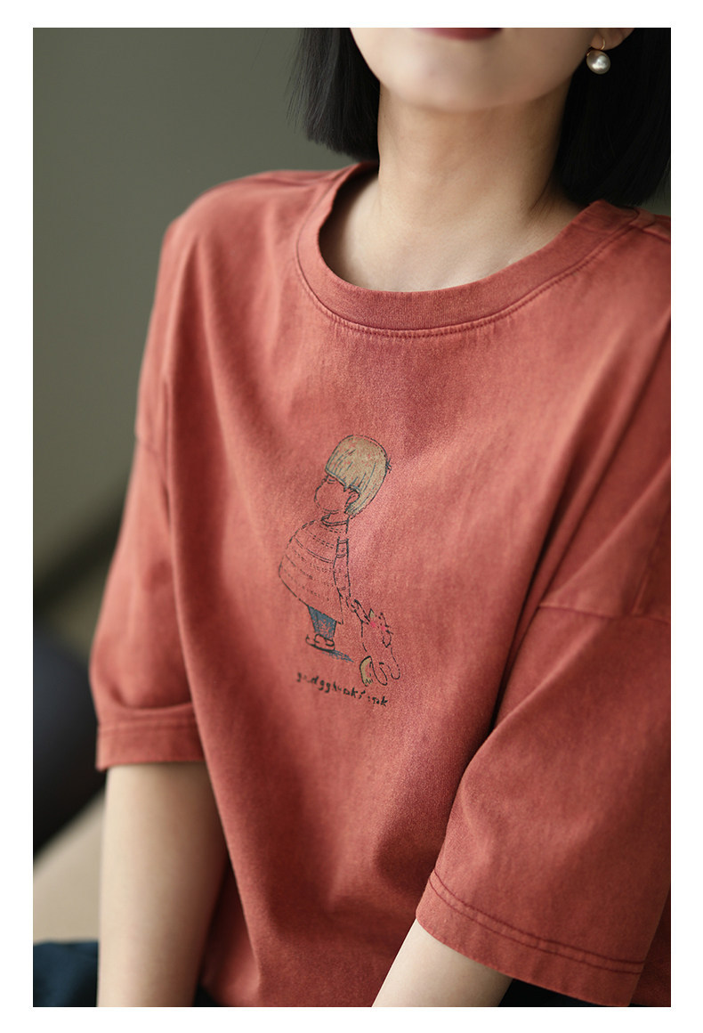 Women's Cotton Graphic Print T-Shirt, Loose Fit Crew Neck Short Sleeve Casual Summer Top