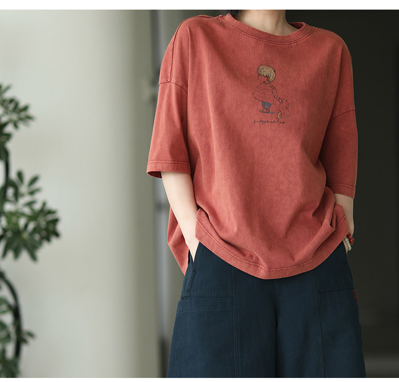 Women's Cotton Graphic Print T-Shirt, Loose Fit Crew Neck Short Sleeve Casual Summer Top