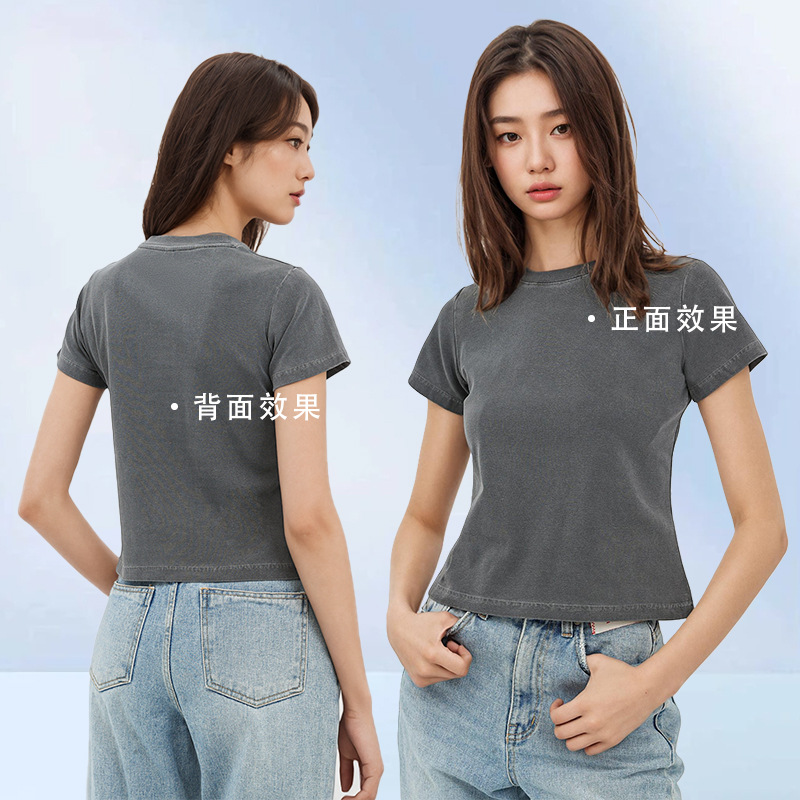 Women's 240g Cotton Slim Fit Short Sleeve T-Shirt, Vintage Washed Faded Crew Neck Summer Top