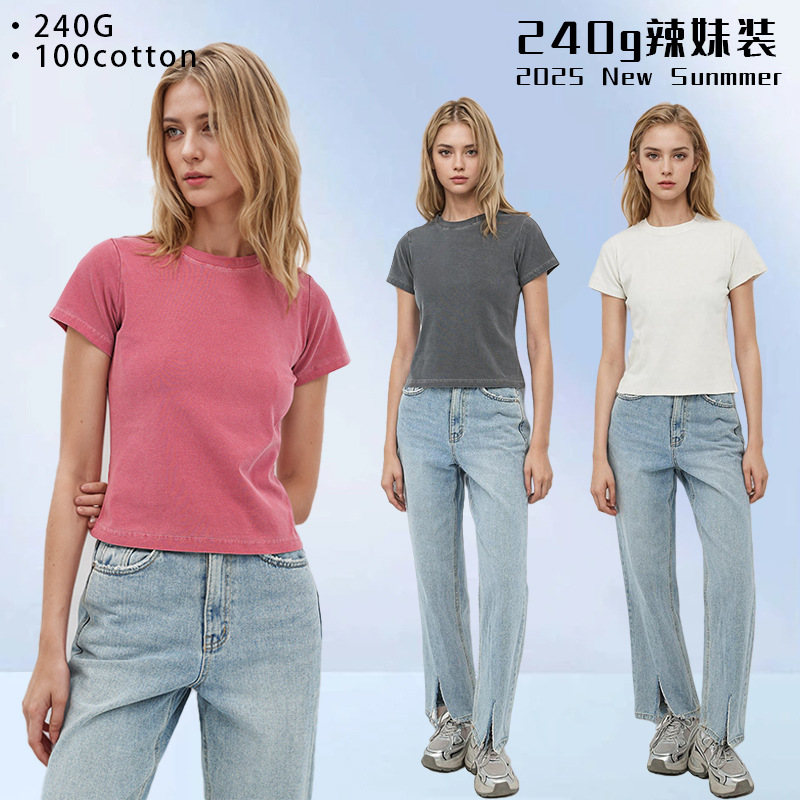 Women's 240g Cotton Slim Fit Short Sleeve T-Shirt, Vintage Washed Faded Crew Neck Summer Top