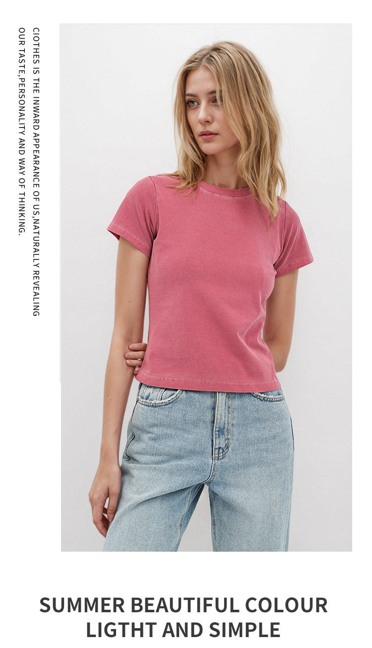 Women's 240g Cotton Slim Fit Short Sleeve T-Shirt, Vintage Washed Faded Crew Neck Summer Top