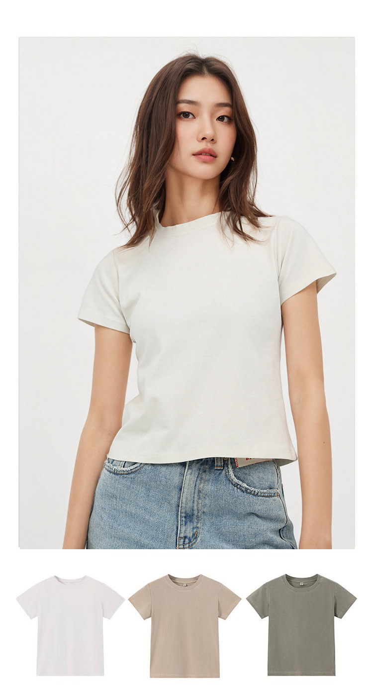 Women's 240g Cotton Slim Fit Short Sleeve T-Shirt, Vintage Washed Faded Crew Neck Summer Top