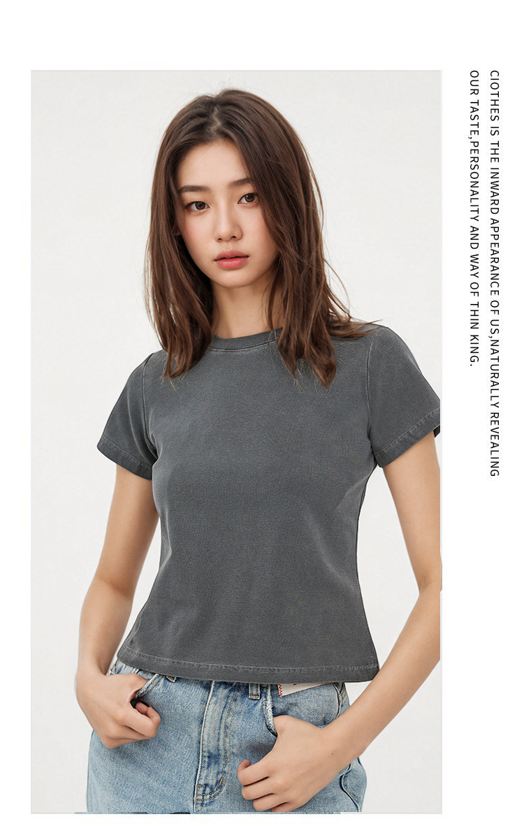 Women's 240g Cotton Slim Fit Short Sleeve T-Shirt, Vintage Washed Faded Crew Neck Summer Top