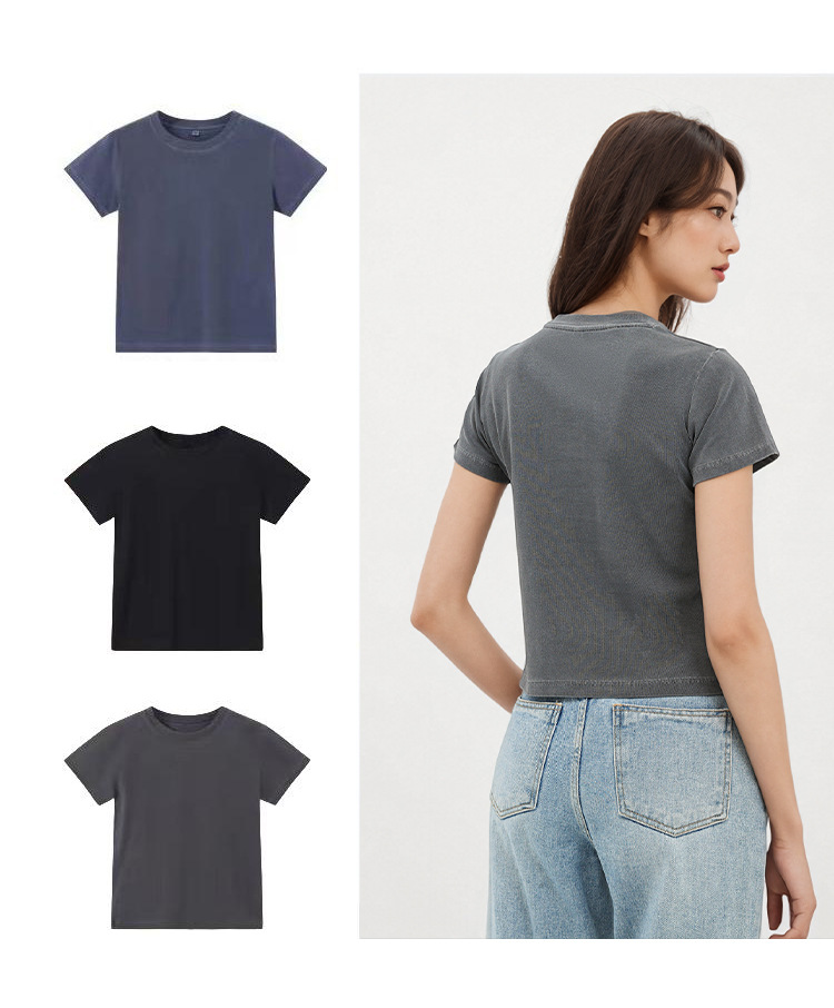 Women's 240g Cotton Slim Fit Short Sleeve T-Shirt, Vintage Washed Faded Crew Neck Summer Top
