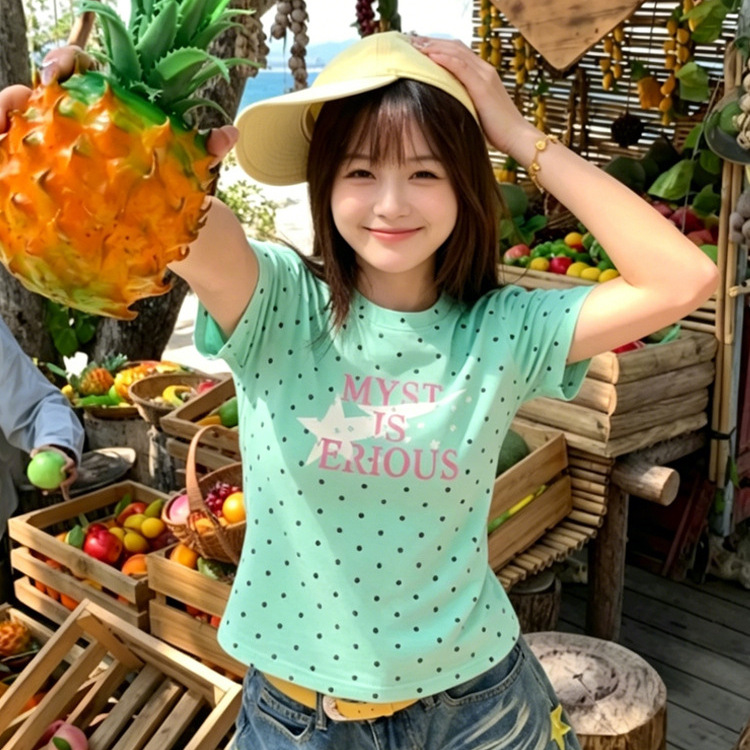 Women Cotton Polka Dot Letter Print Short Sleeve T-Shirt Slim Fit Crew Neck Casual Top