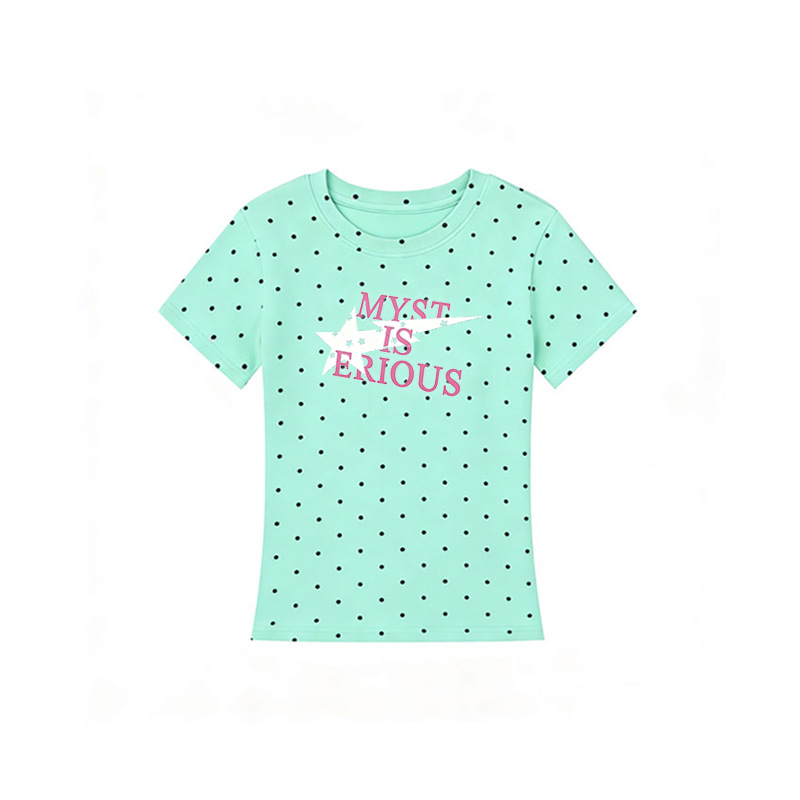 Women's Cotton Polka Dot Letter Print Short Sleeve T-Shirt, Slim Fit Crew Neck, Casual Top
