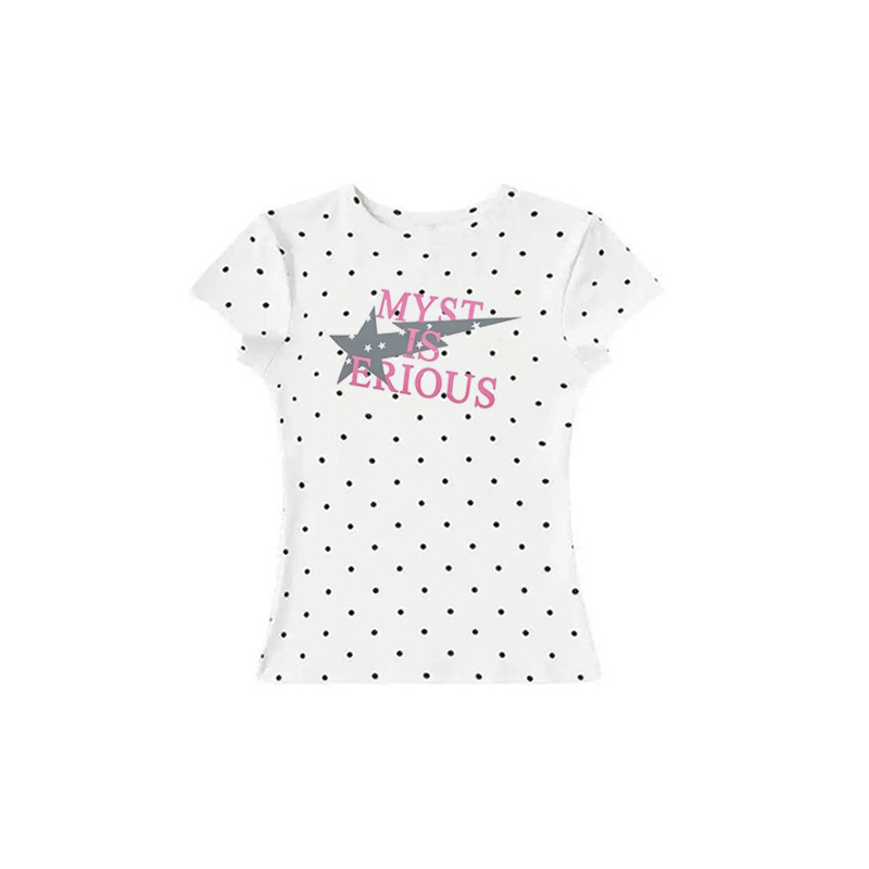 Women's Cotton Polka Dot Letter Print Short Sleeve T-Shirt, Slim Fit Crew Neck, Casual Top