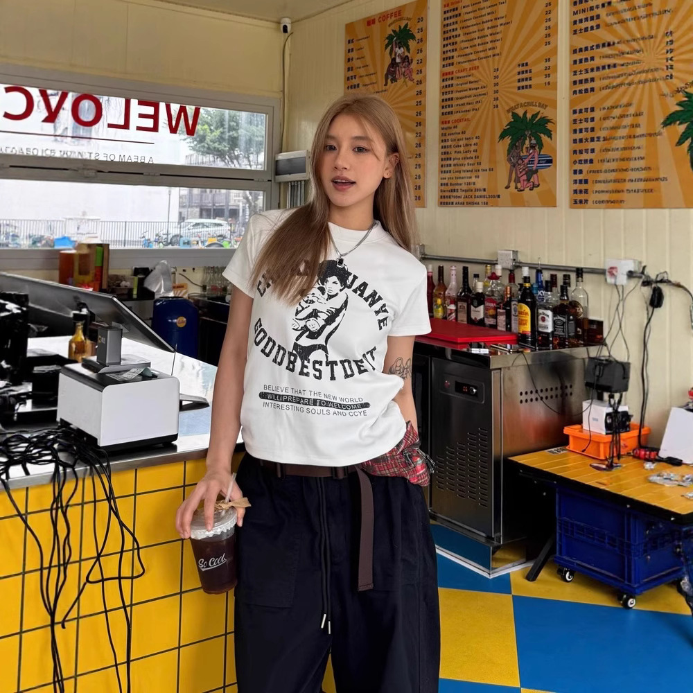 Women's Cotton Short Sleeve T-Shirt with Letter Print, Crew Neck Slim Fit Casual Top for Daily Streetwear