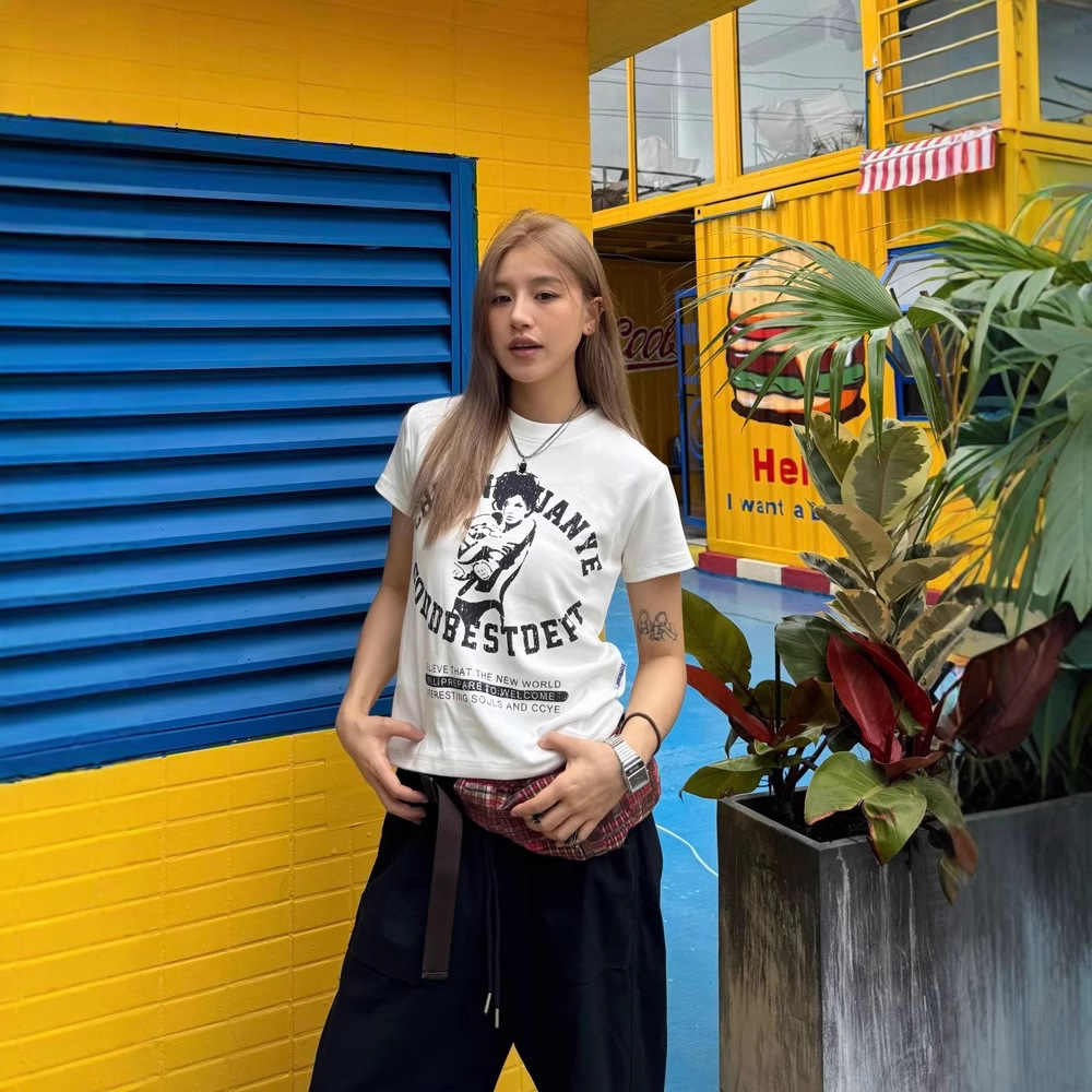 Women's Cotton Short Sleeve T-Shirt with Letter Print, Crew Neck Slim Fit Casual Top for Daily Streetwear