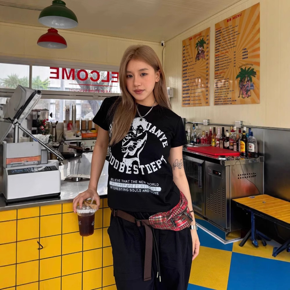 Women's Cotton Short Sleeve T-Shirt with Letter Print, Crew Neck Slim Fit Casual Top for Daily Streetwear