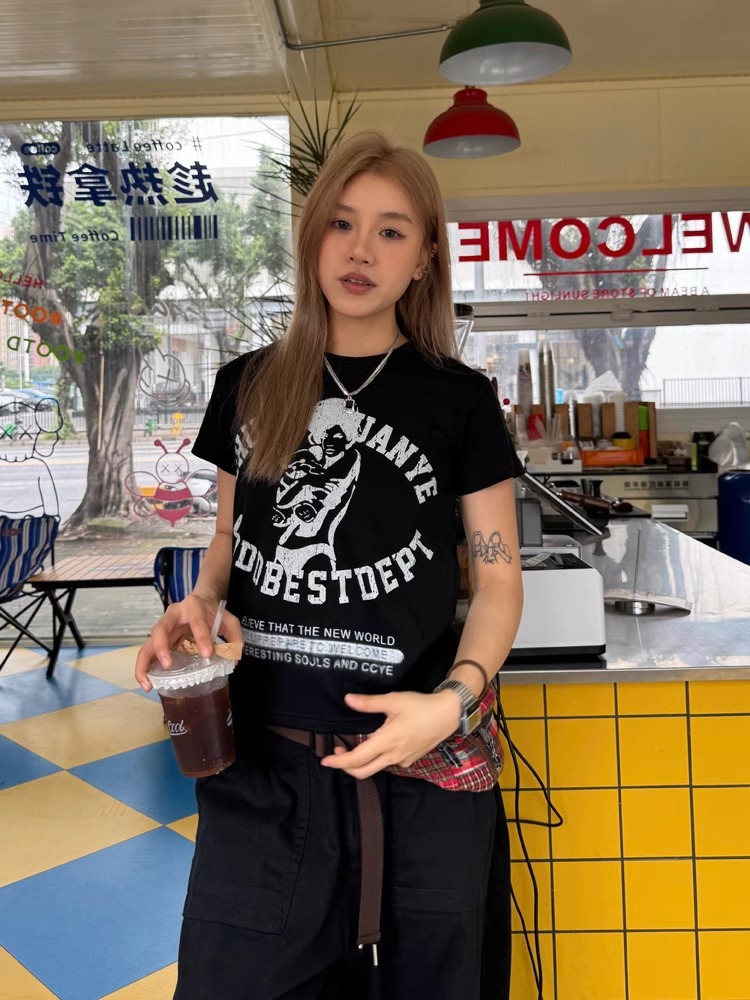 Women's Cotton Short Sleeve T-Shirt with Letter Print, Crew Neck Slim Fit Casual Top for Daily Streetwear