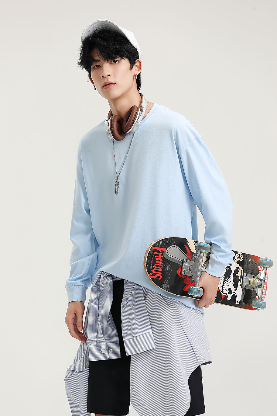 Korean Style Cotton Crew Neck Long Sleeve Pullover T-Shirt for Men and Women