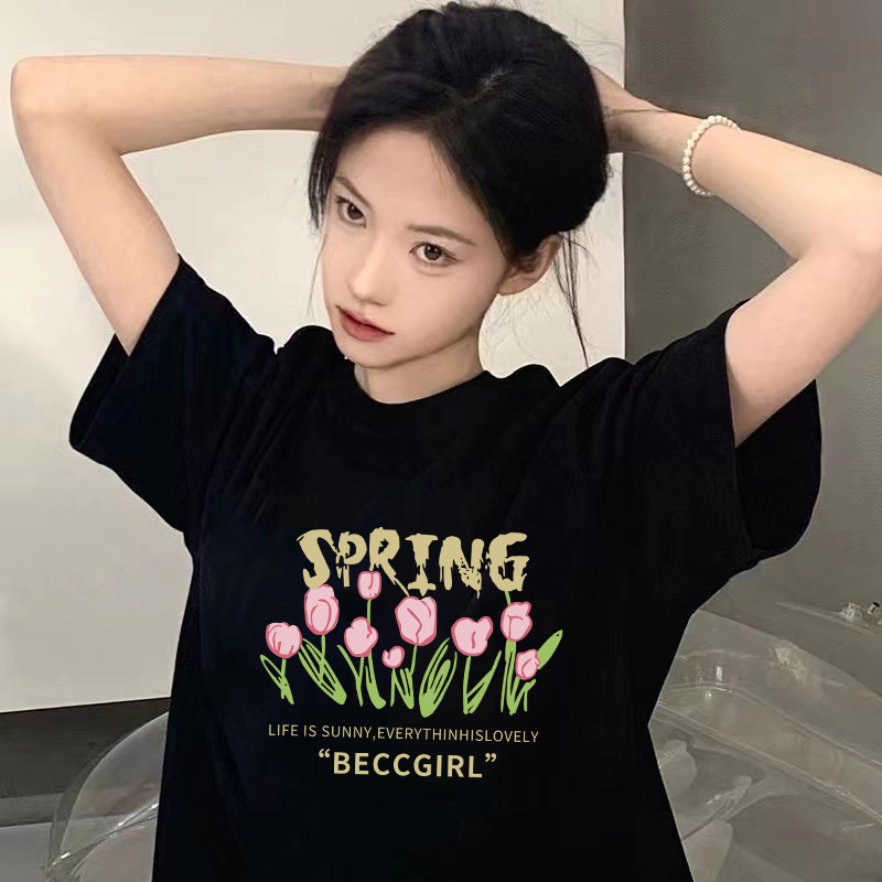 Women's Ice Silk Short Sleeve T-Shirt, Loose Fit Letter Print Crew Neck Top