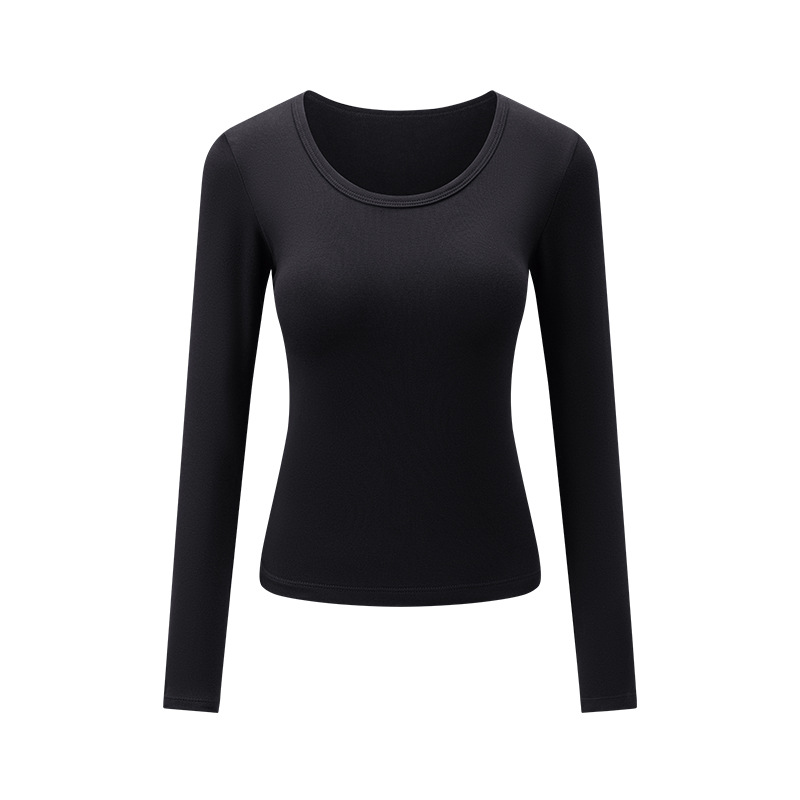 Women Long Sleeve U Neck Cotton T Shirt Slim Fit Solid Color Knit Top for Daily Wear