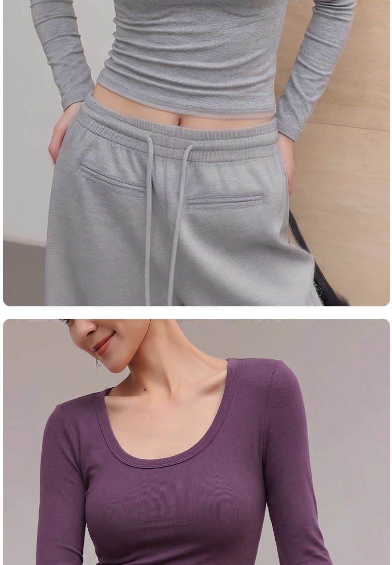 Women Long Sleeve U Neck Cotton T Shirt Slim Fit Solid Color Knit Top for Daily Wear