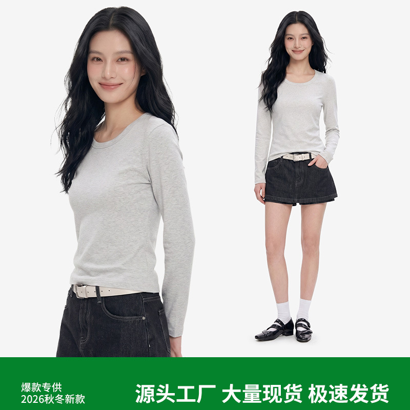 Women Long Sleeve U-Neck Fleece Lined T-Shirt, Slim Fit Cotton Blend Base Layer for Daily Wear