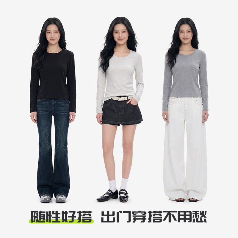 Women Long Sleeve U-Neck Fleece Lined T-Shirt, Slim Fit Cotton Blend Base Layer for Daily Wear