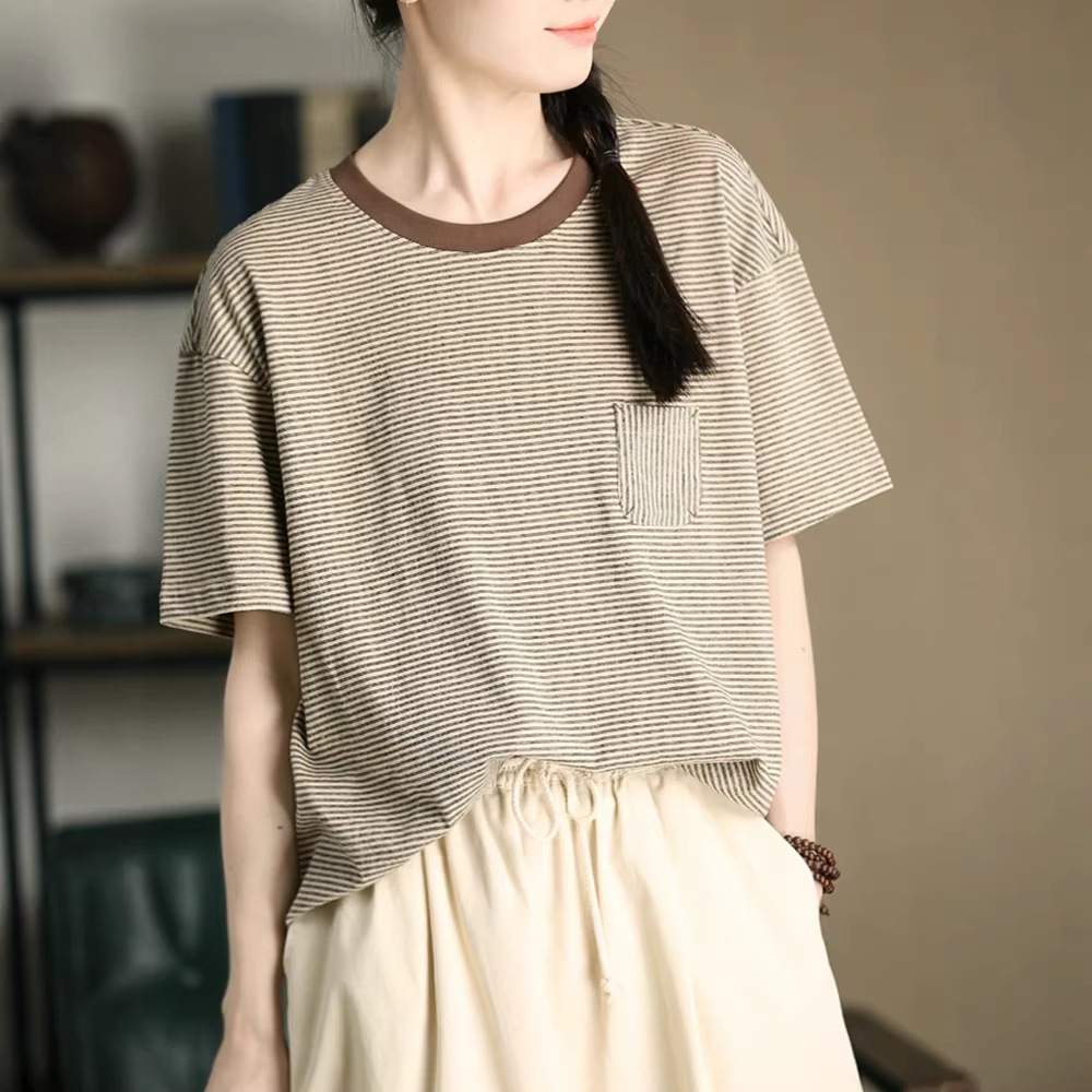 Women Striped Short Sleeve T-Shirt Cotton Blend Crew Neck Loose Fit Casual Top