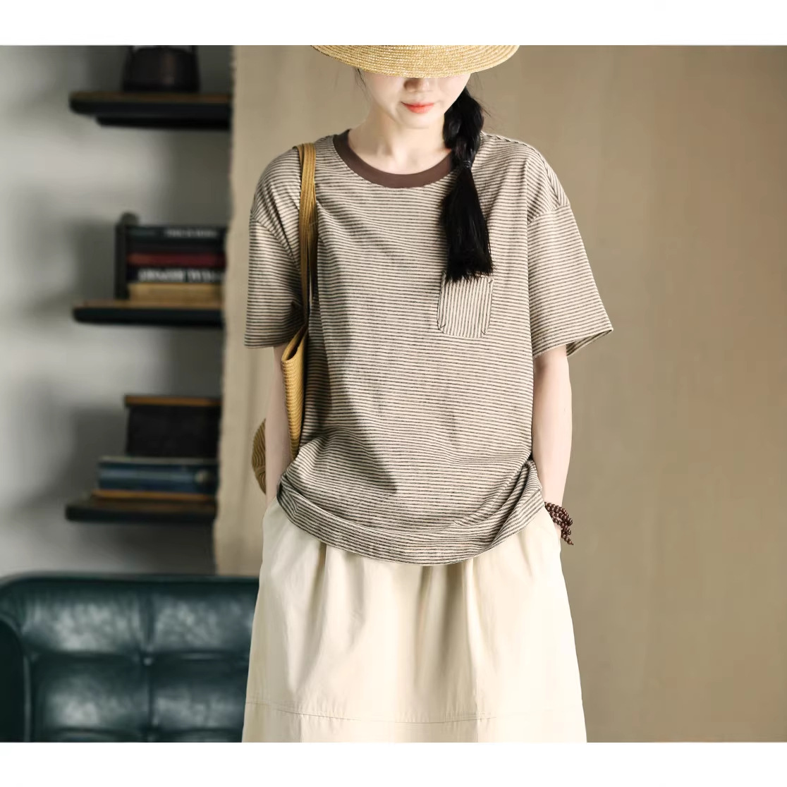 Women Striped Short Sleeve T-Shirt Cotton Blend Crew Neck Loose Fit Casual Top