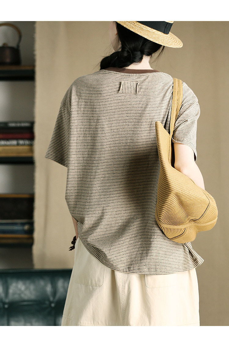 Women Striped Short Sleeve T-Shirt Cotton Blend Crew Neck Loose Fit Casual Top