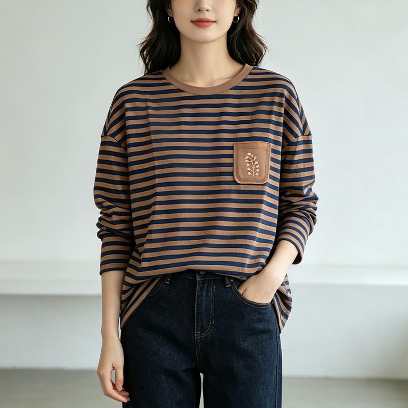 Women Cotton Striped Embroidered Long Sleeve T-Shirt, Round Neck Casual Top for Daily Wear