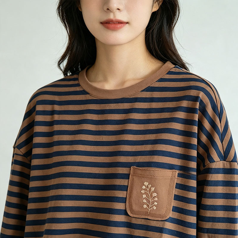 Women Cotton Striped Embroidered Long Sleeve T-Shirt, Round Neck Casual Top for Daily Wear