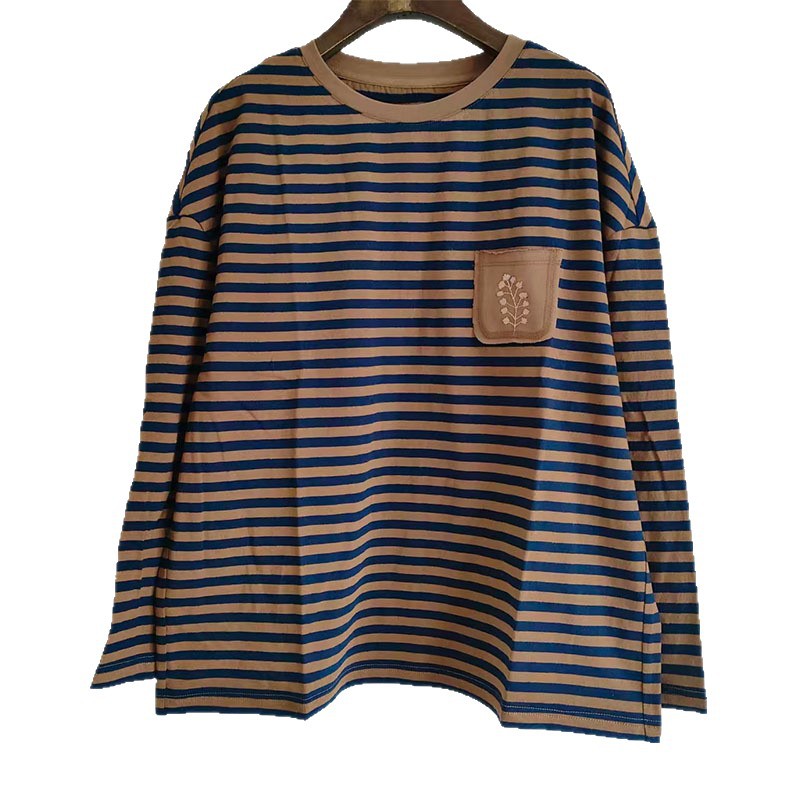Women Cotton Striped Embroidered Long Sleeve T-Shirt, Round Neck Casual Top for Daily Wear