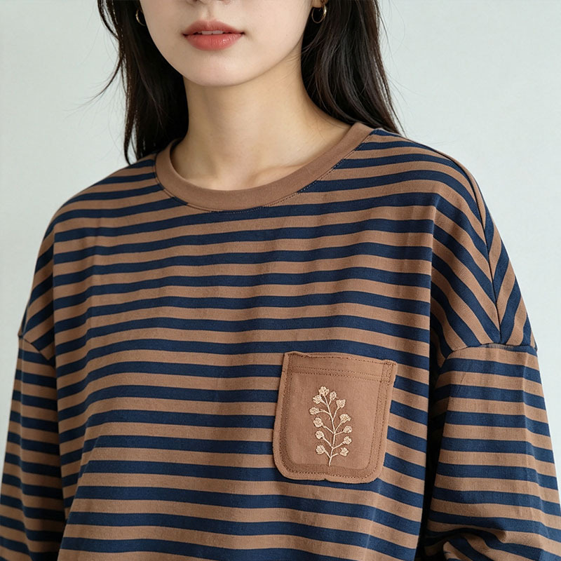 Women Cotton Striped Embroidered Long Sleeve T-Shirt, Round Neck Casual Top for Daily Wear