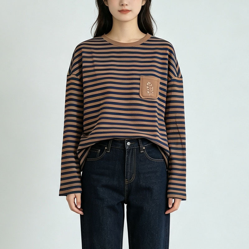 Women Cotton Striped Embroidered Long Sleeve T-Shirt, Round Neck Casual Top for Daily Wear